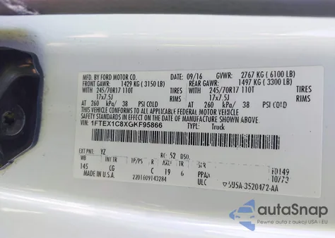 2016 Ford F-150 Xl z USA, uszkodzony, nr VIN 1FTEX1C8XGKF95866